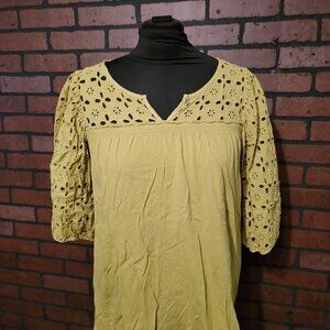 V Cristina Blouse  Size Large. Olive green -embroidered cut out design